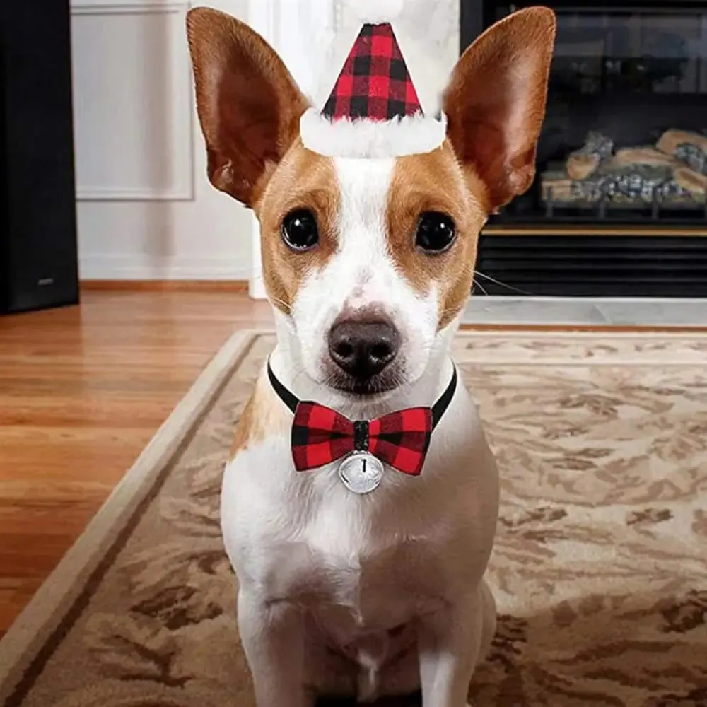 Classic Plaid Bandana Hat Bow Tie Christmas Costume Set for Small Medium Large Dogs Cats