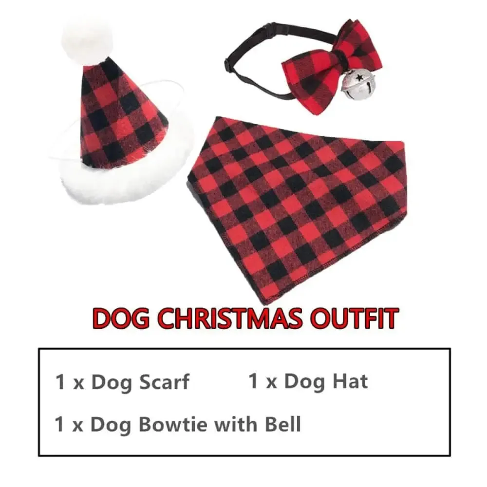 Classic Plaid Bandana Hat Bow Tie Christmas Costume Set for Small Medium Large Dogs Cats