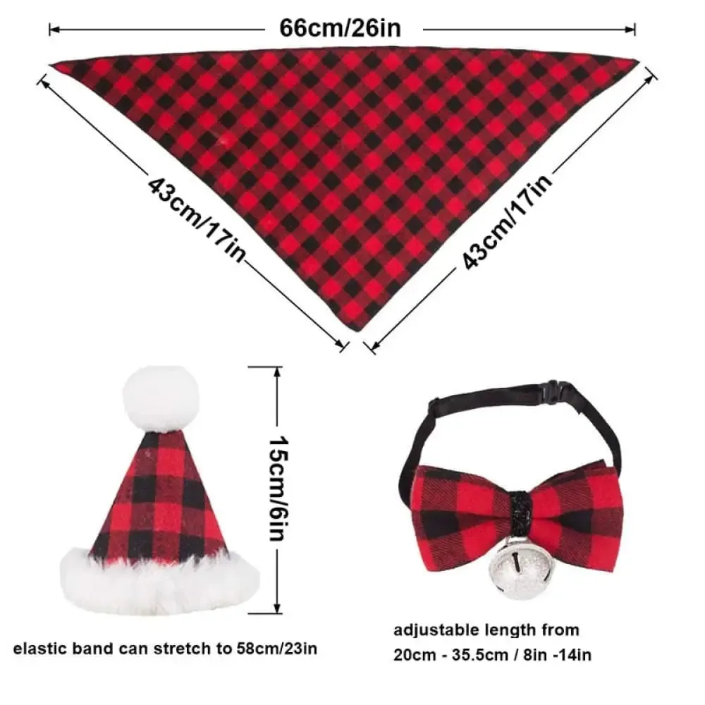 Classic Plaid Bandana Hat Bow Tie Christmas Costume Set for Small Medium Large Dogs Cats