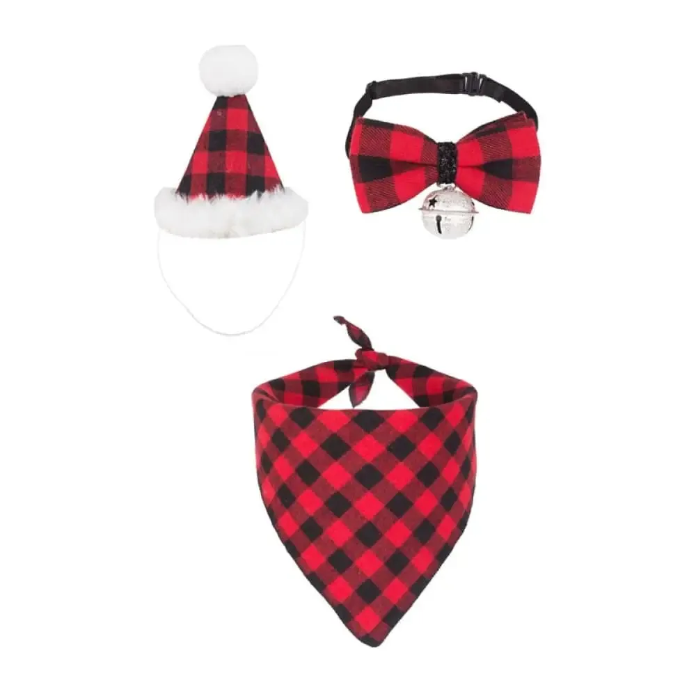 Classic Plaid Bandana Hat Bow Tie Christmas Costume Set for Small Medium Large Dogs Cats