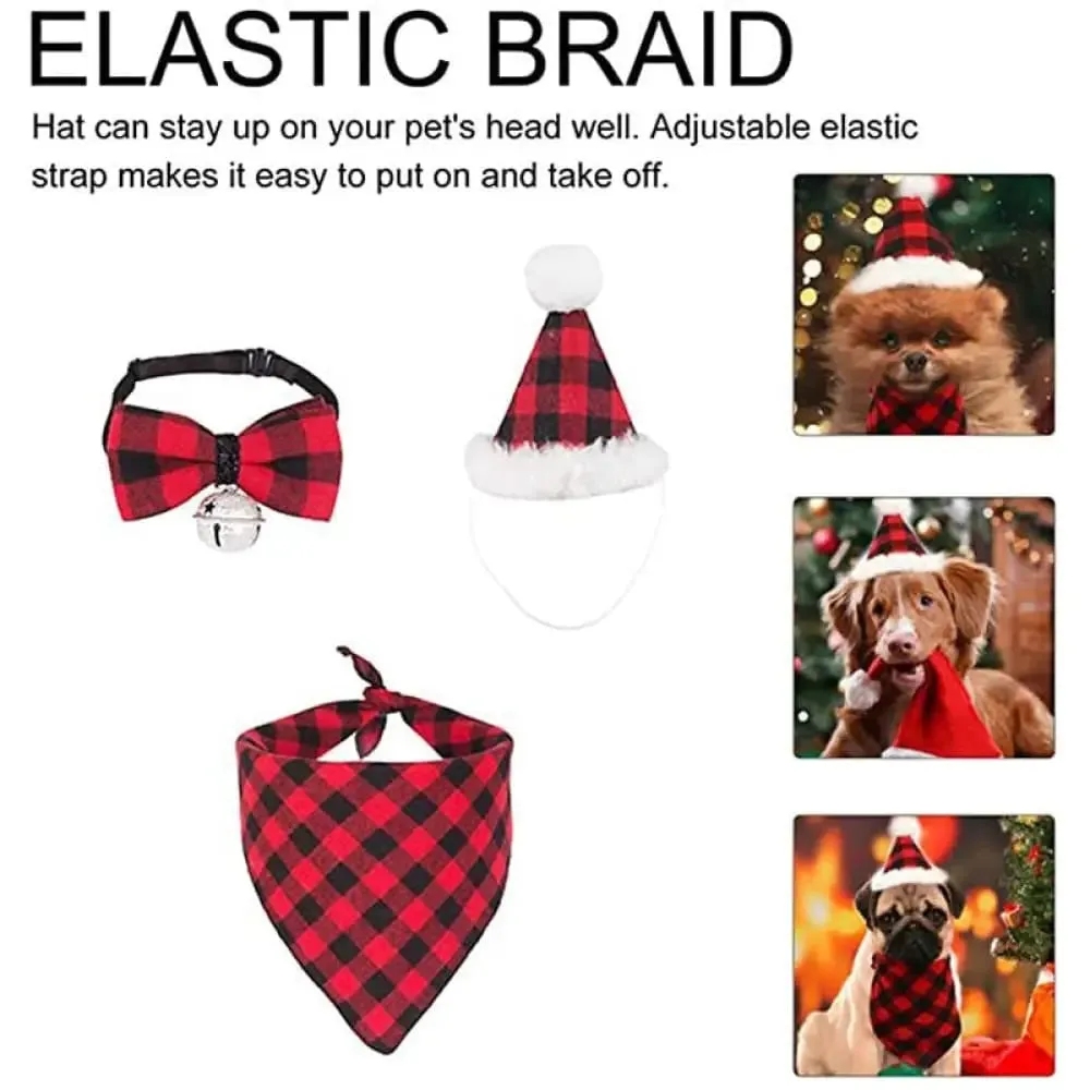 Classic Plaid Bandana Hat Bow Tie Christmas Costume Set for Small Medium Large Dogs Cats