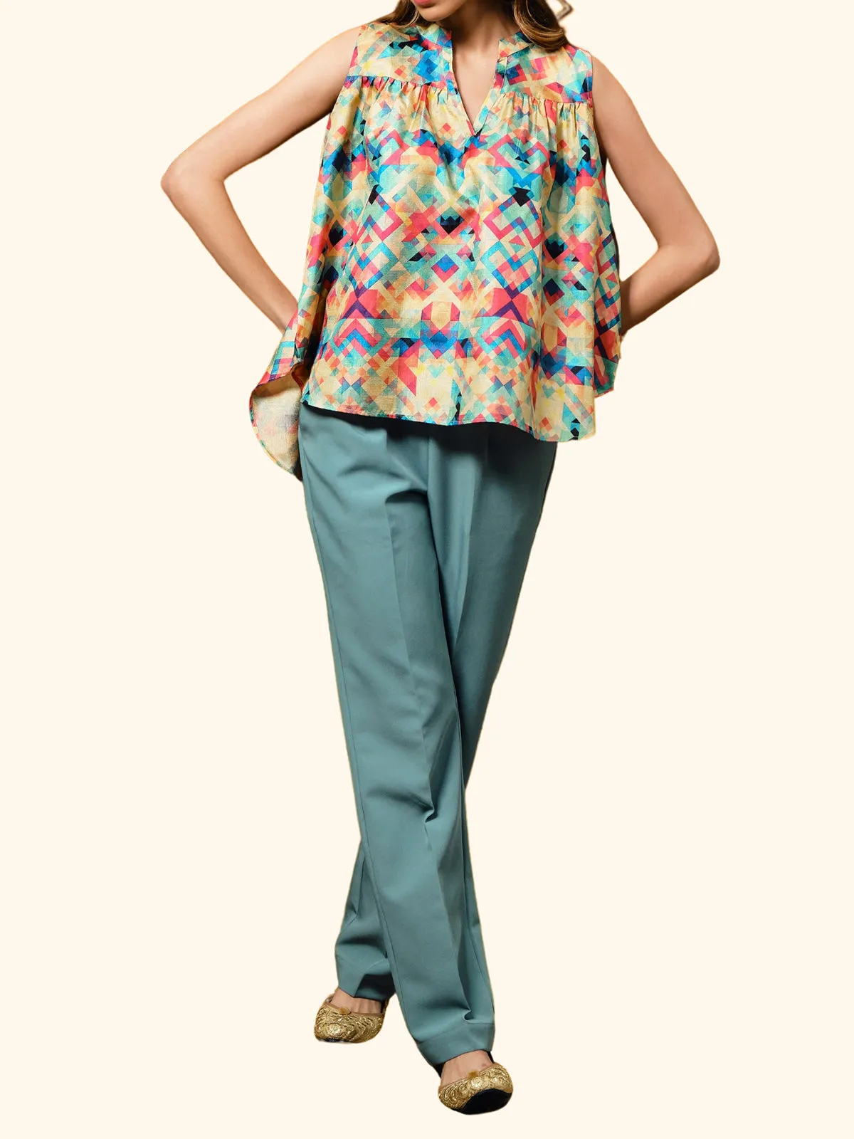 Flea Silk Printed Top Sea Green
