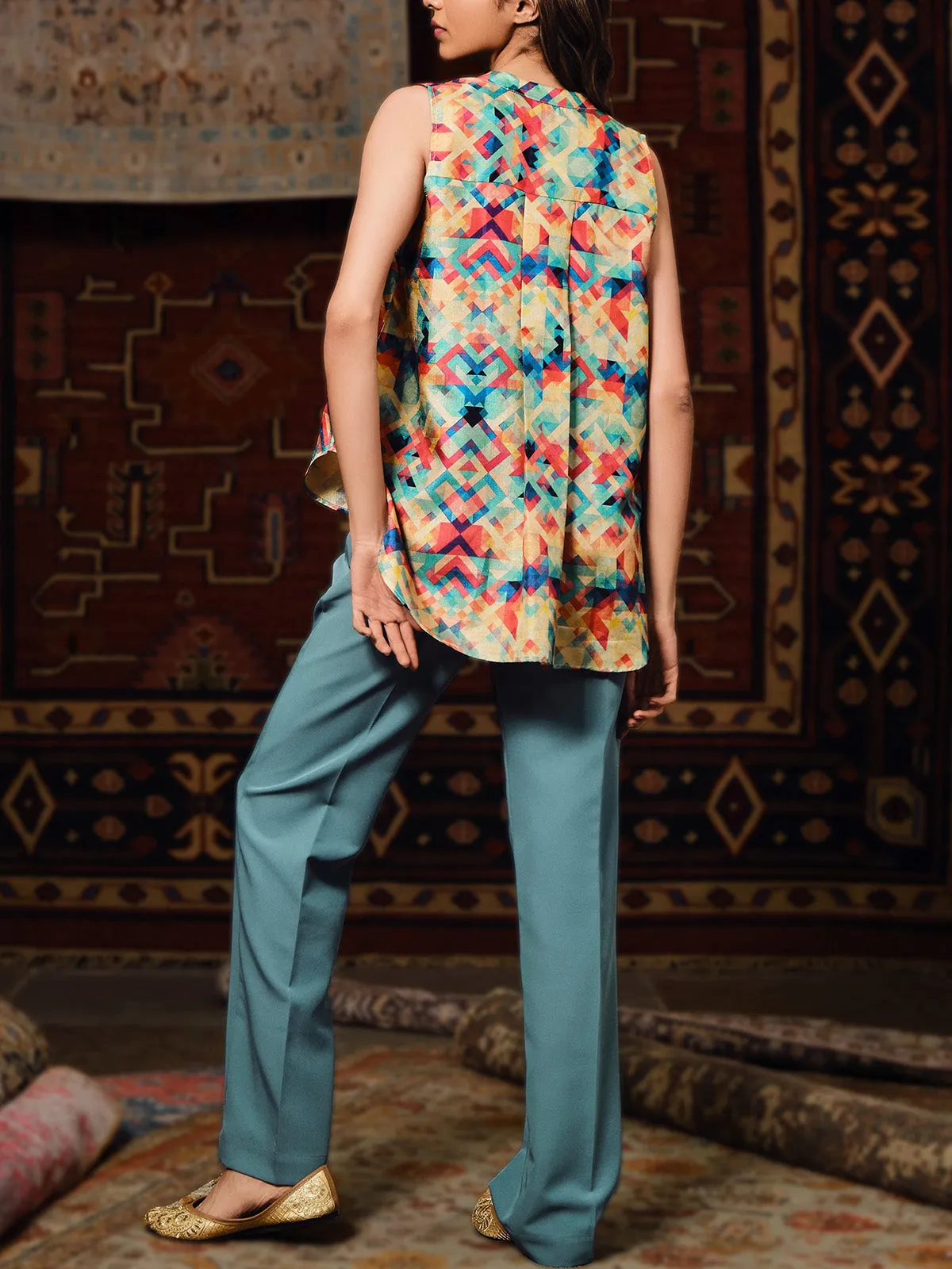 Flea Silk Printed Top Sea Green