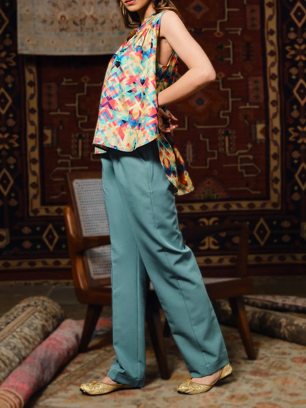 Flea Silk Printed Top Sea Green