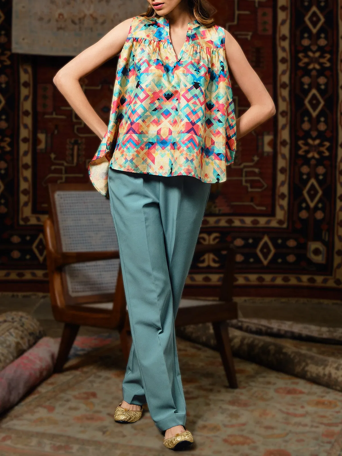 Flea Silk Printed Top Sea Green