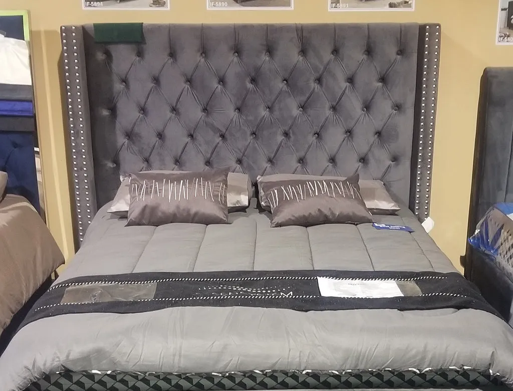 Grey Velvet Fabric With Nailhead Details - Double, Queen or King- Model #5890