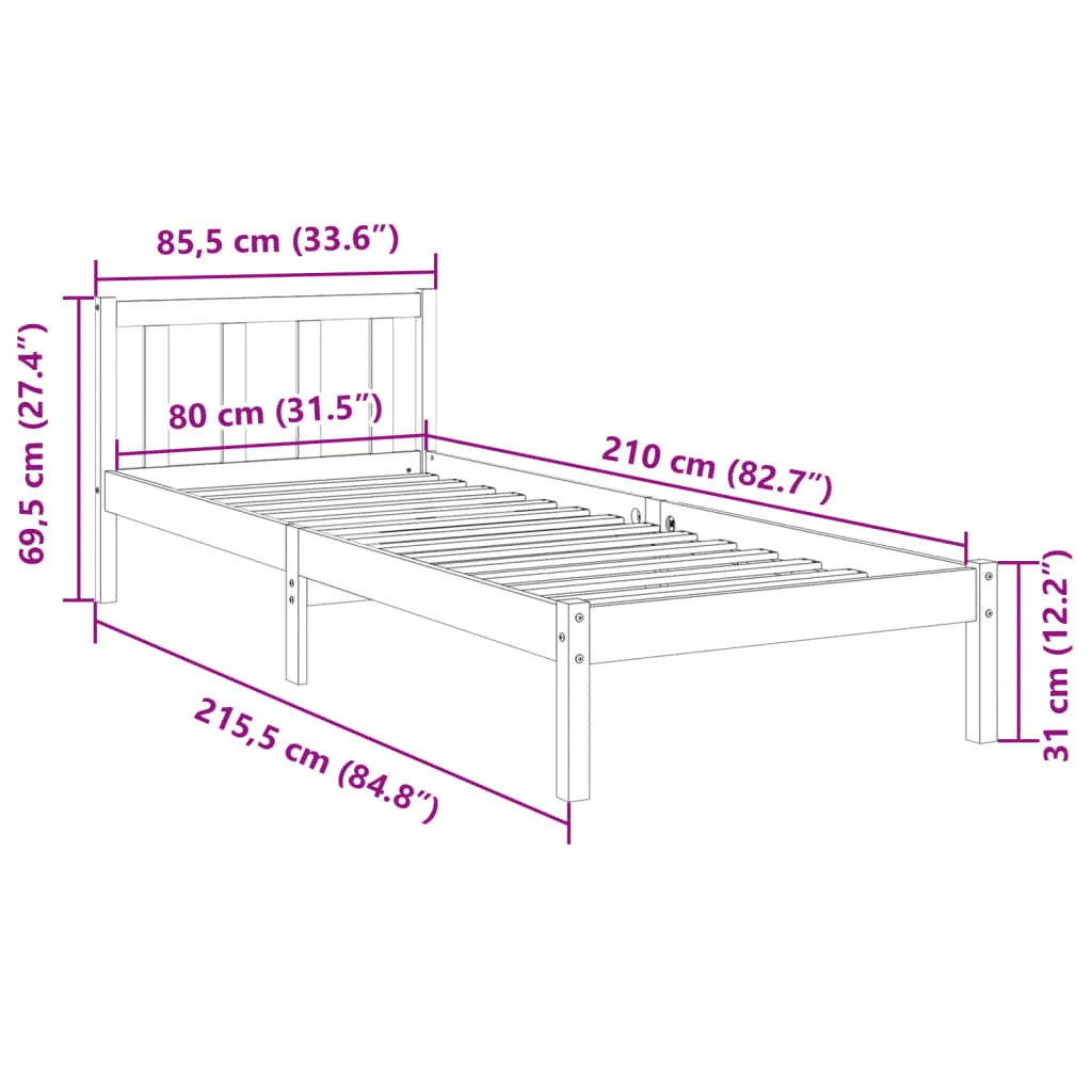 vidaXL Extra Long Bed Frame without Mattress 80x210 cm Solid Wood Pine